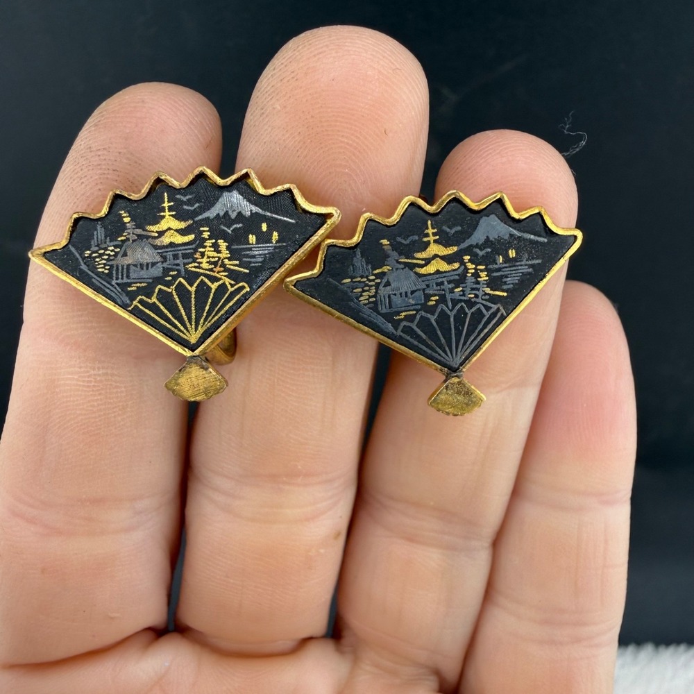 Vintage Japanese Amita Damascene Screw Back Earrings